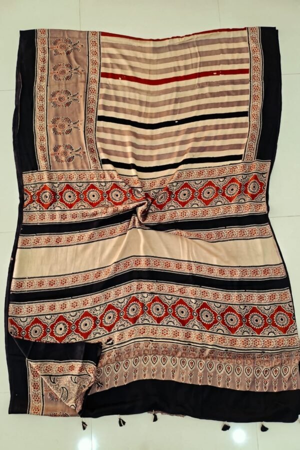 Black and beige striped Ajrakh print pure Modal silk saree with floral medallion pallu border