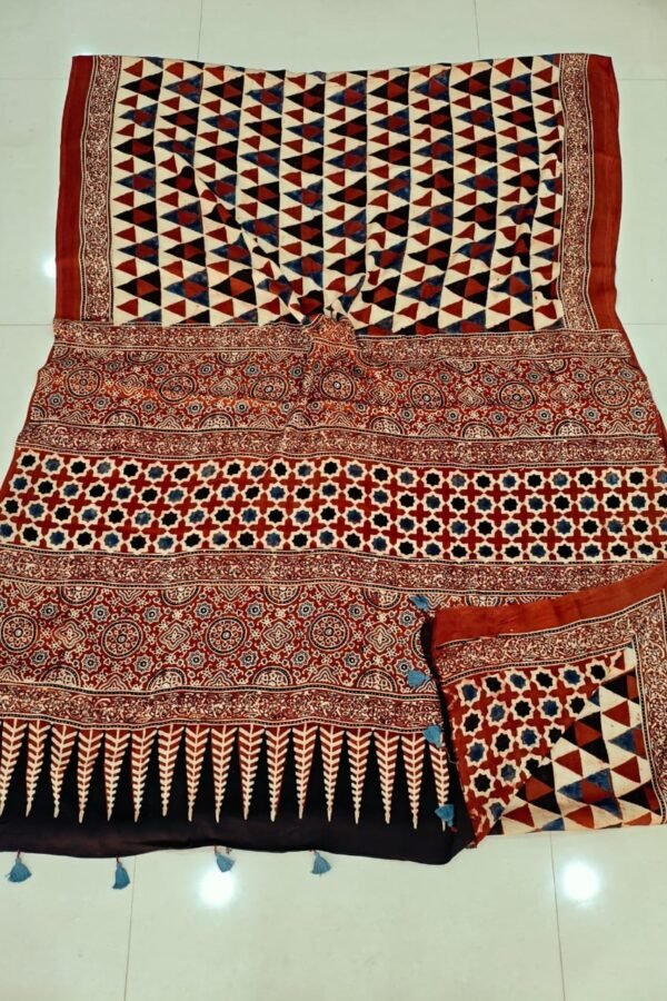 Maroon and black Ajrakh print pure Modal silk saree with triangular lattice and leaf border pallu