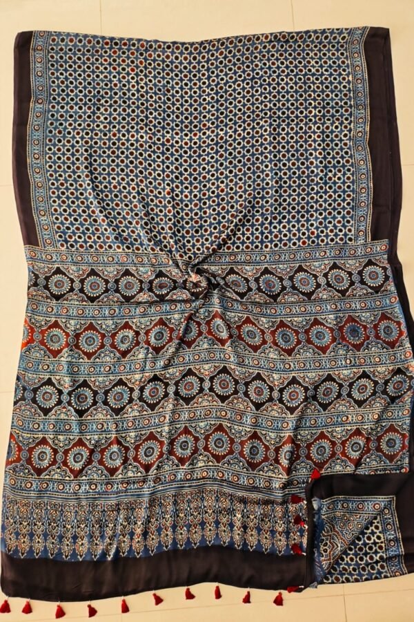 Blue and maroon Ajrakh print pure Modal silk saree with floral medallion pallu border