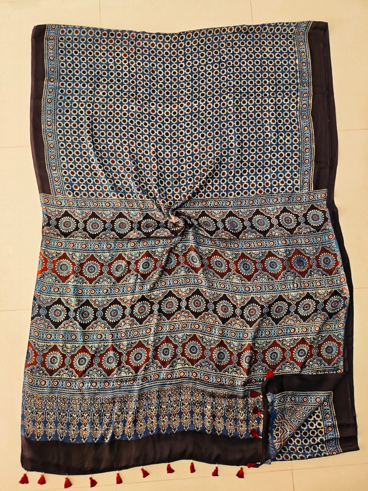 Blue and maroon Ajrakh print pure Modal silk saree with floral medallion pallu border