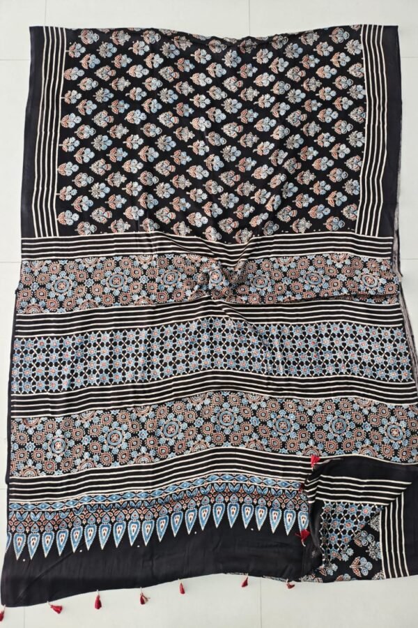 Black Ajrakh print Modal silk saree with floral booti body and blue leaf border pallu