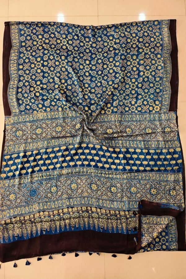 Blue Ajrakh print Modal silk saree with floral medallion body and lotus pallu border