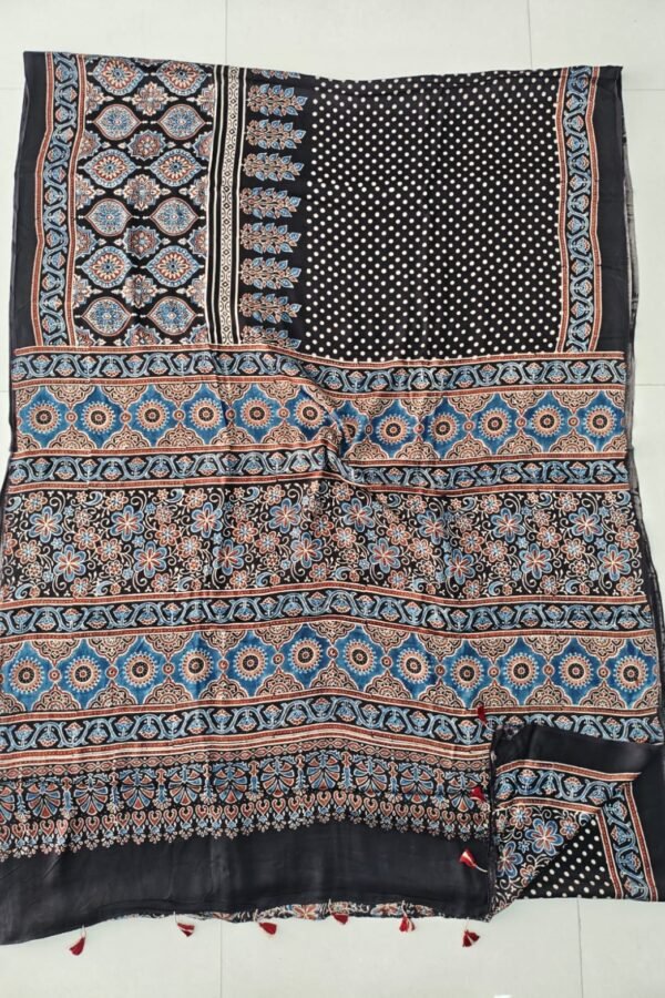 Black Ajrakh print Modal silk saree with polka dot body and blue medallion pallu border