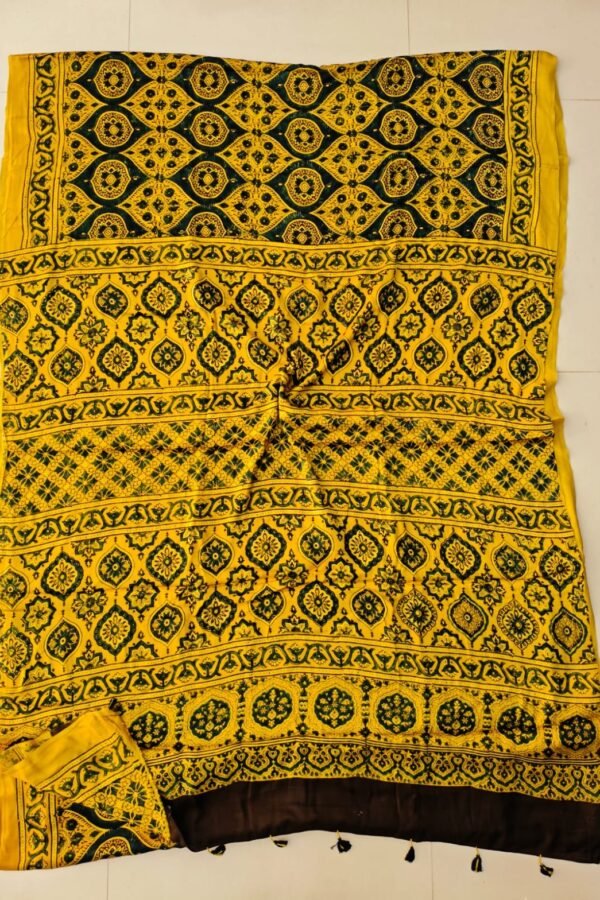 Yellow and black Ajrakh print pure Modal silk saree with medallion lattice pallu and tasseled border
