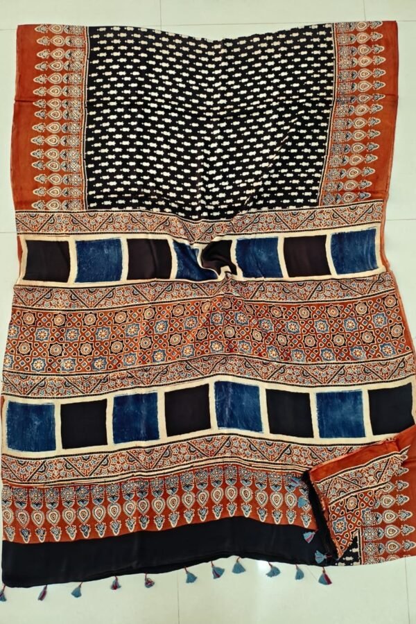Black and rust Ajrakh print pure Modal silk saree with checkerboard pallu border