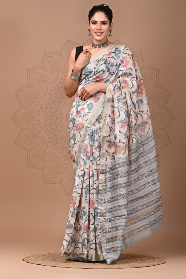 Woman draped in off-white hand block printed Maheshwari silk saree with coral floral motifs and striped border