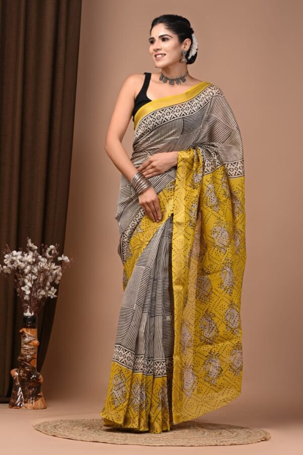 Cream black striped hand block printed Maheshwari silk saree with mustard yellow paisley pallu