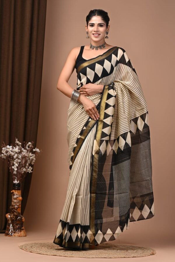 Cream and black striped hand block printed Maheshwari silk saree with checkered pallu
