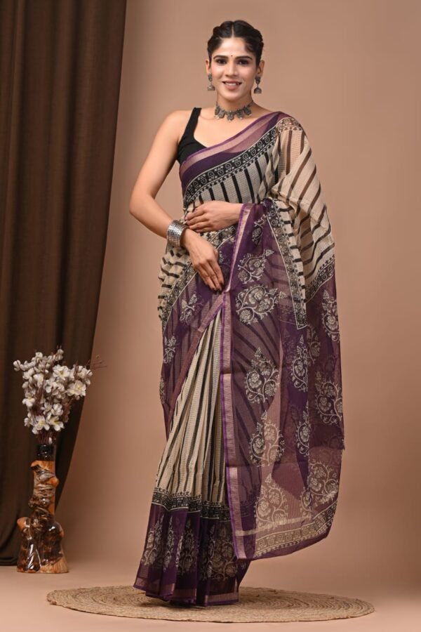 Purple and beige Kota Doria cotton saree with striped body and floral block print pallu