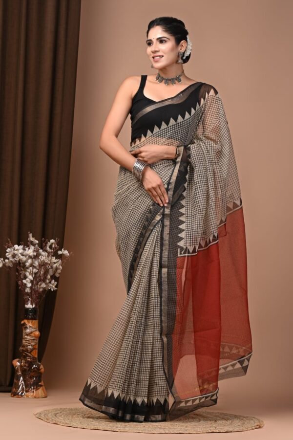 Beige checkered Kota Doria cotton saree with zigzag border and rust red pallu