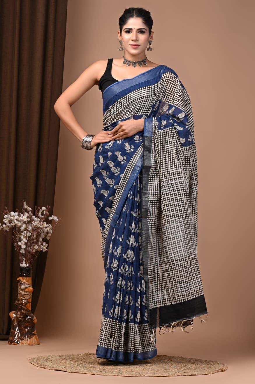 Navy blue hand block printed linen cotton saree with cream paisley motifs and checkered pallu