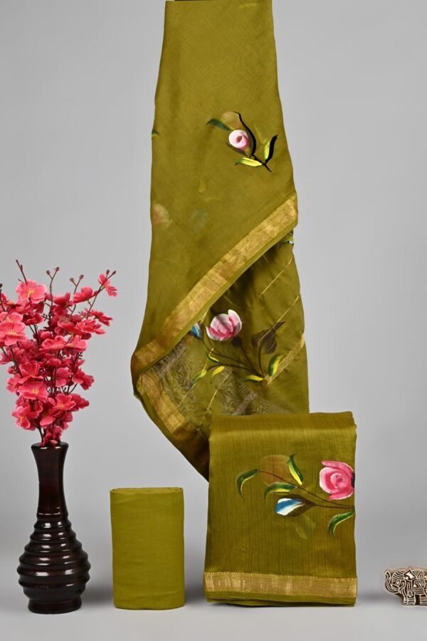 Mehendi green Maheshwari silk suit set with pink floral motifs and golden zari border