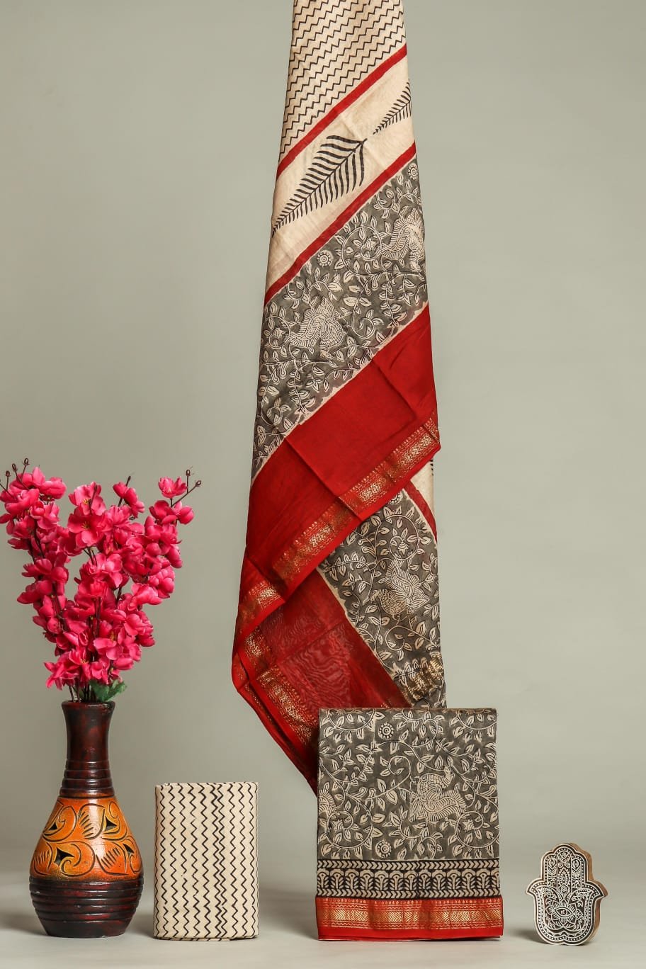 Grey hand block printed Maheshwari silk suit dress material with floral motifs and red border