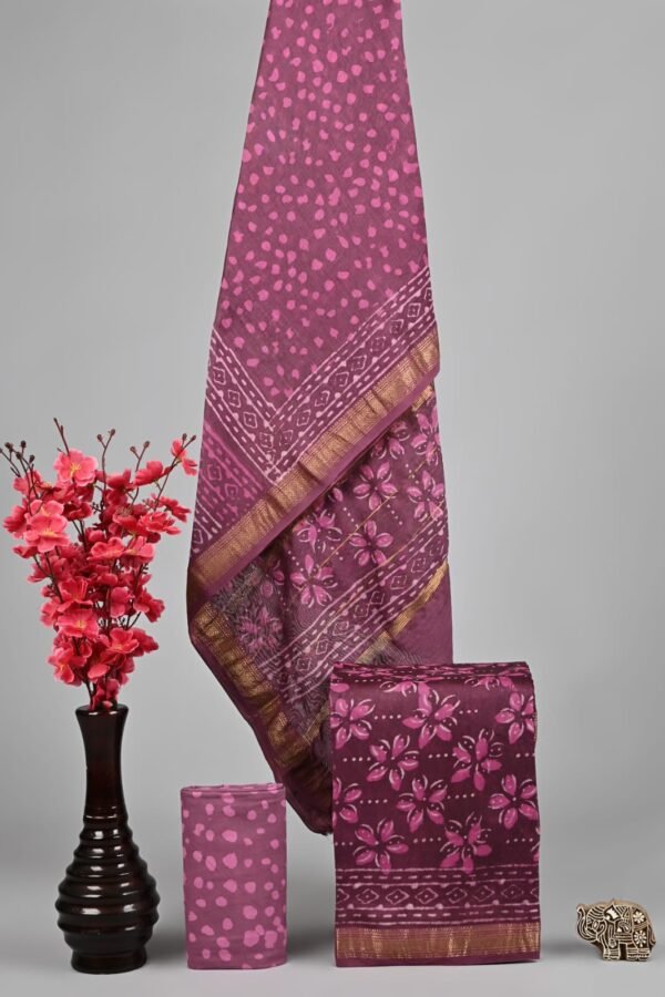 Wine and pink hand block printed Maheshwari silk suit dress material with golden zari border