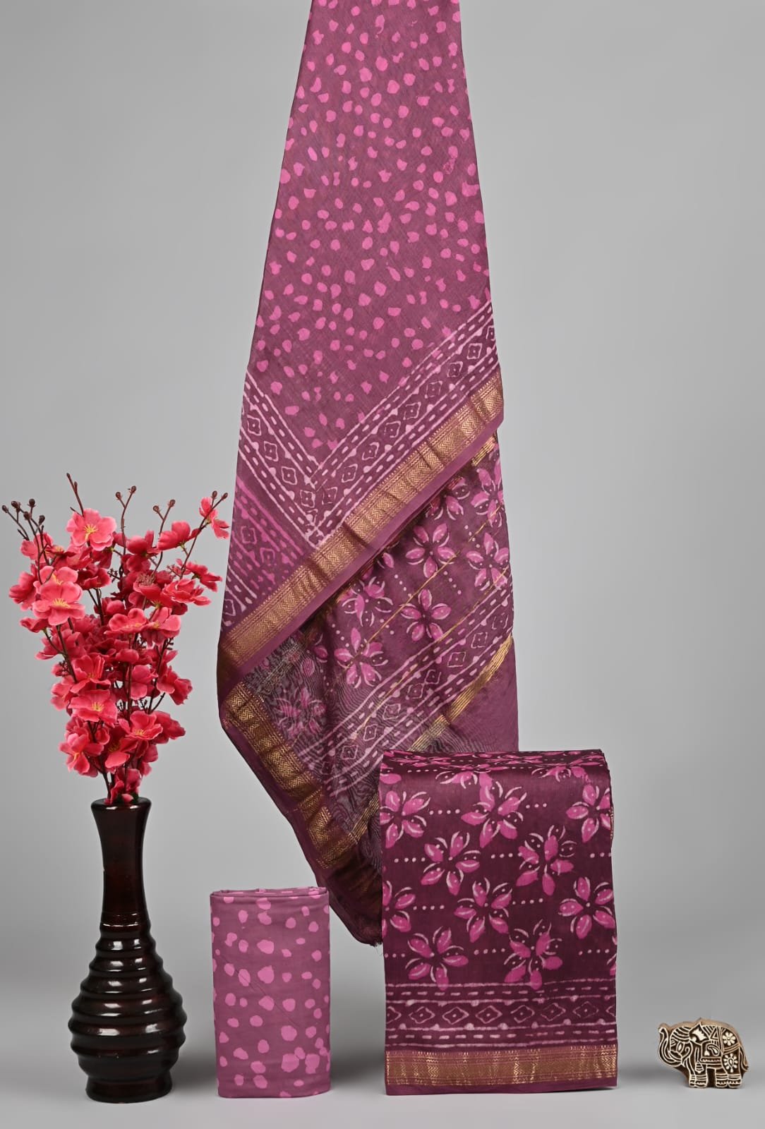 Wine and pink hand block printed Maheshwari silk suit dress material with golden zari border
