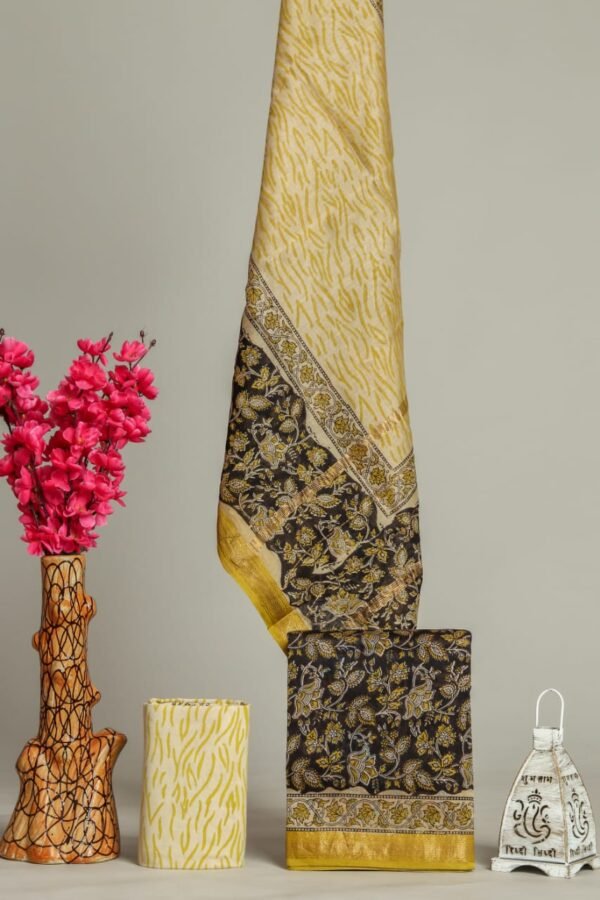 Cream and black hand block printed Maheshwari silk suit dress material with golden zari border