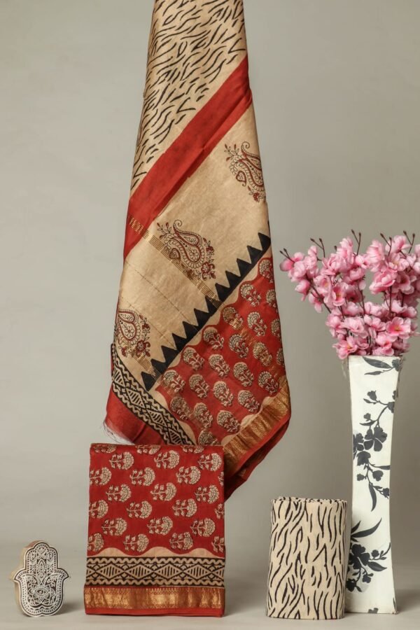 Beige and rust hand block printed Maheshwari silk suit dress material with paisley motifs and golden zari border