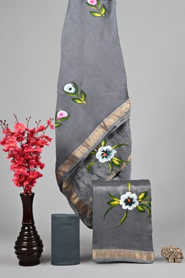 Grey Maheshwari silk suit dress material with hand painted floral motifs and golden zari border