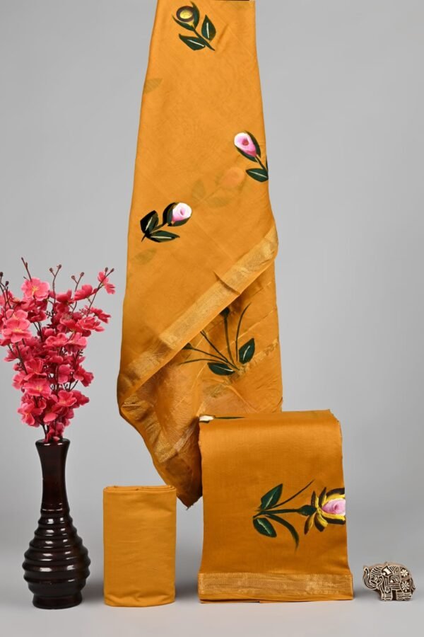 Mustard yellow Maheshwari silk suit dress material with painted floral motifs and golden zari border