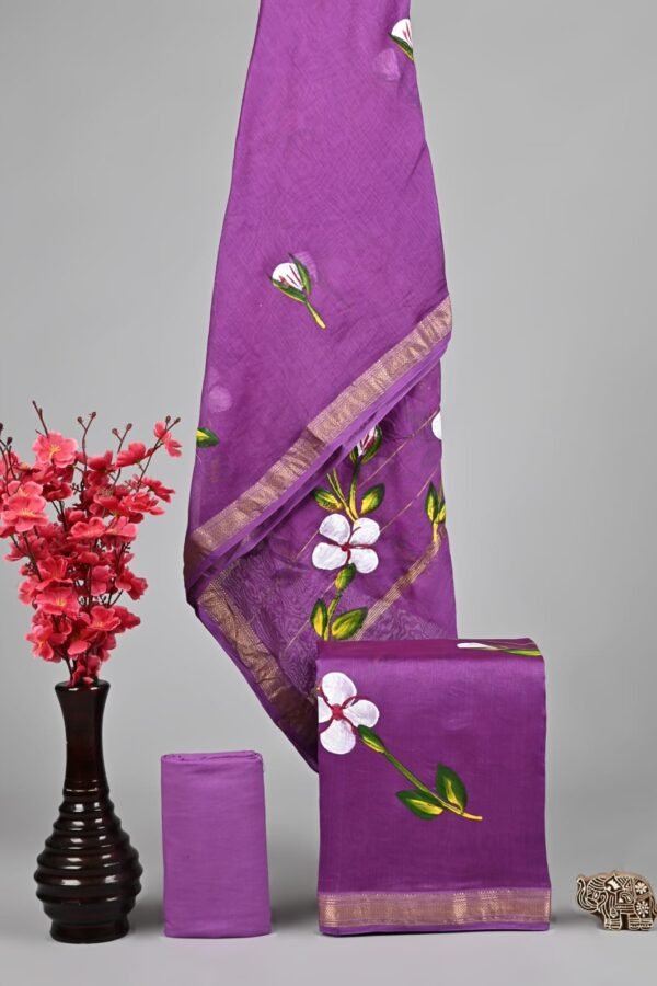 Purple Maheshwari silk suit dress material with white floral print and golden zari border