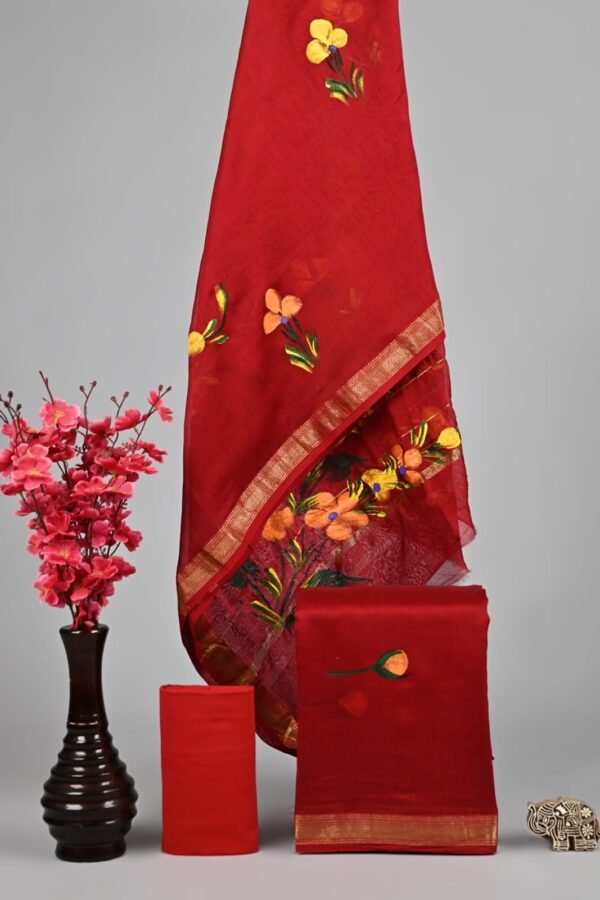 Red Maheshwari silk suit dress material with yellow-orange floral print and golden zari border