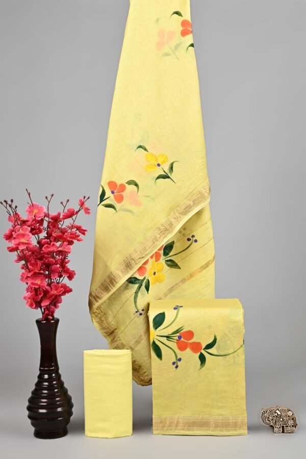 Pale yellow Maheshwari silk suit dress material with hand-painted floral print and golden zari border