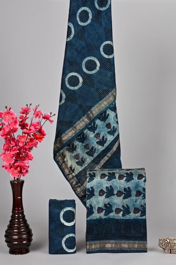 Teal indigo hand block printed Maheshwari silk suit dress material with golden zari border