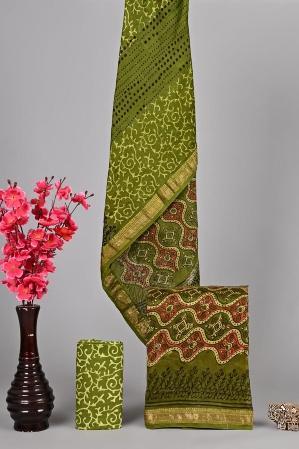 Olive green hand block printed Maheshwari silk suit dress material with golden zari border