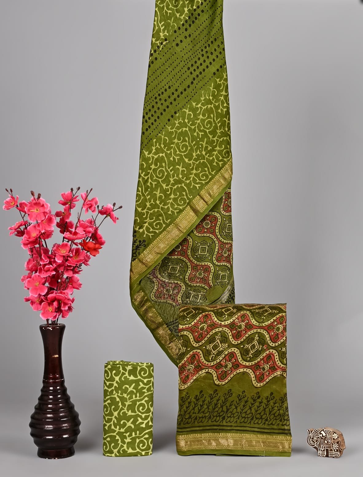 Olive green hand block printed Maheshwari silk suit dress material with golden zari border