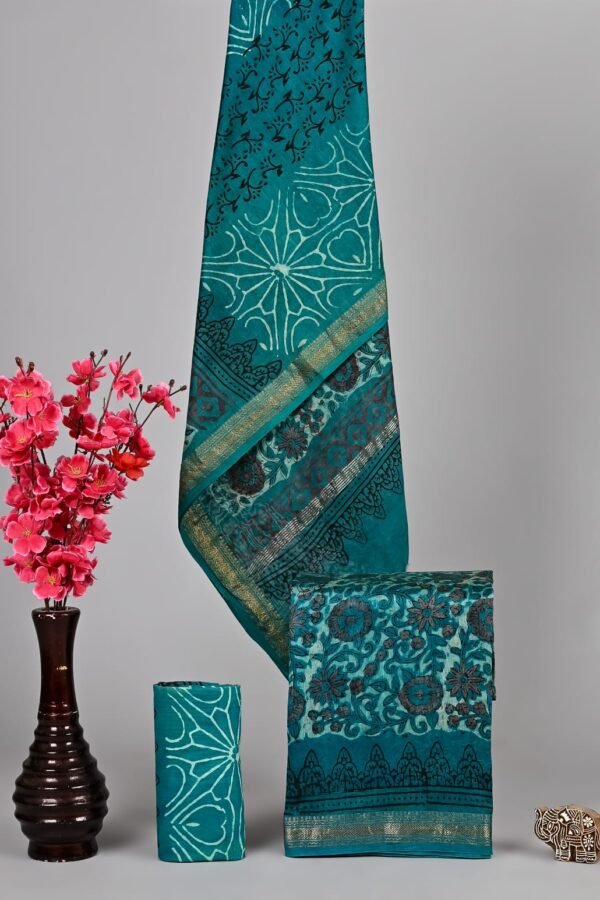 Teal Maheshwari silk suit dress material with block printed medallion motifs and golden zari border