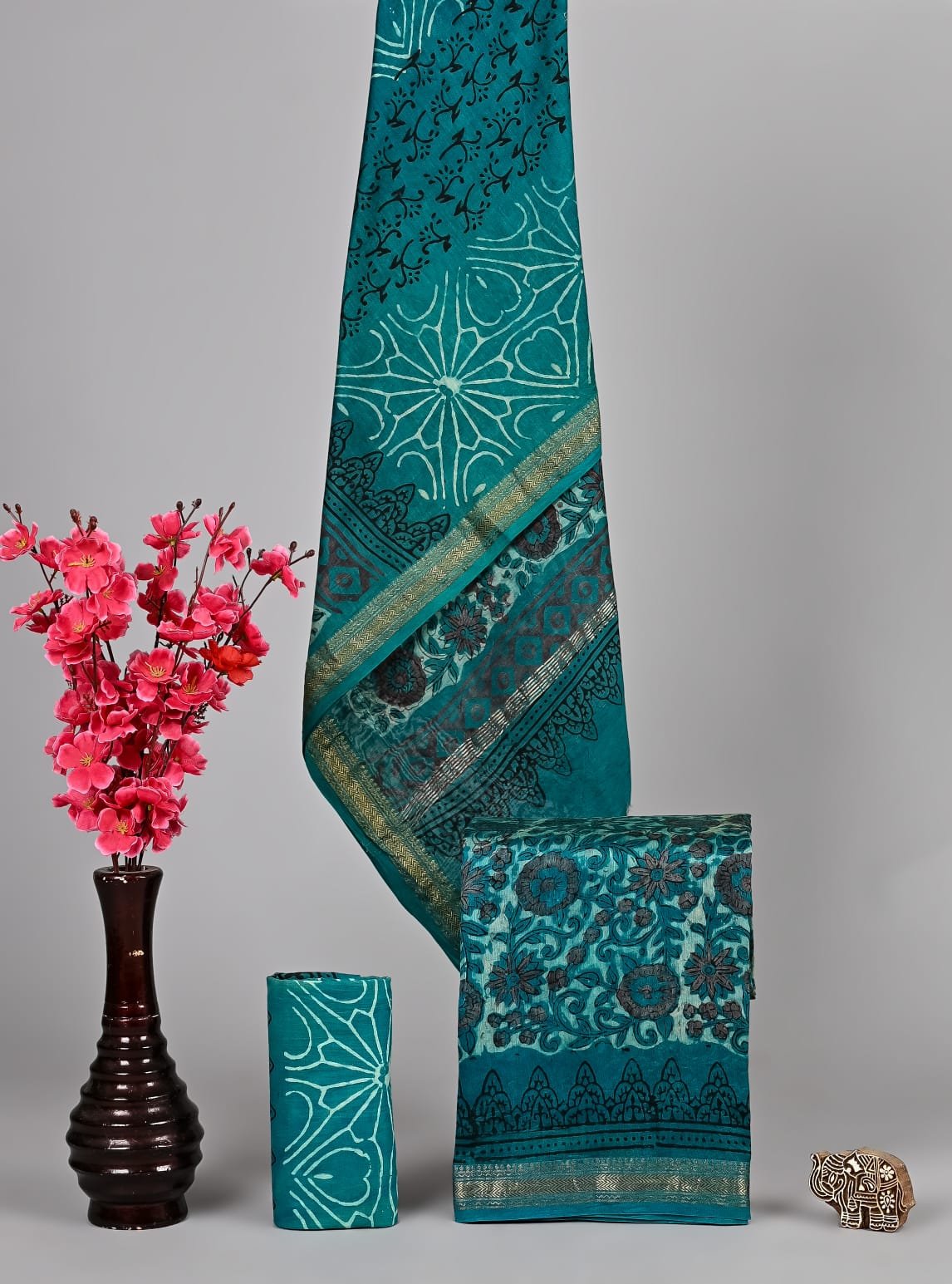 Teal Maheshwari silk suit dress material with block printed medallion motifs and golden zari border