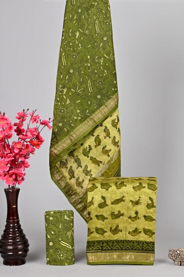 Olive green Maheshwari silk suit dress material with floral and bird block print and golden zari border
