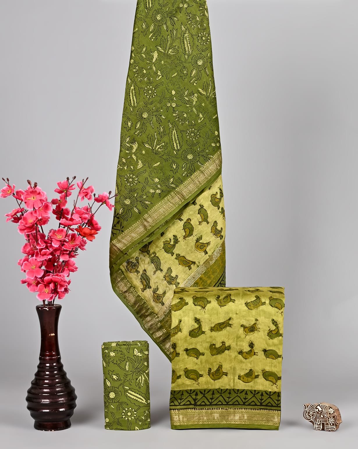Olive green Maheshwari silk suit dress material with floral and bird block print and golden zari border