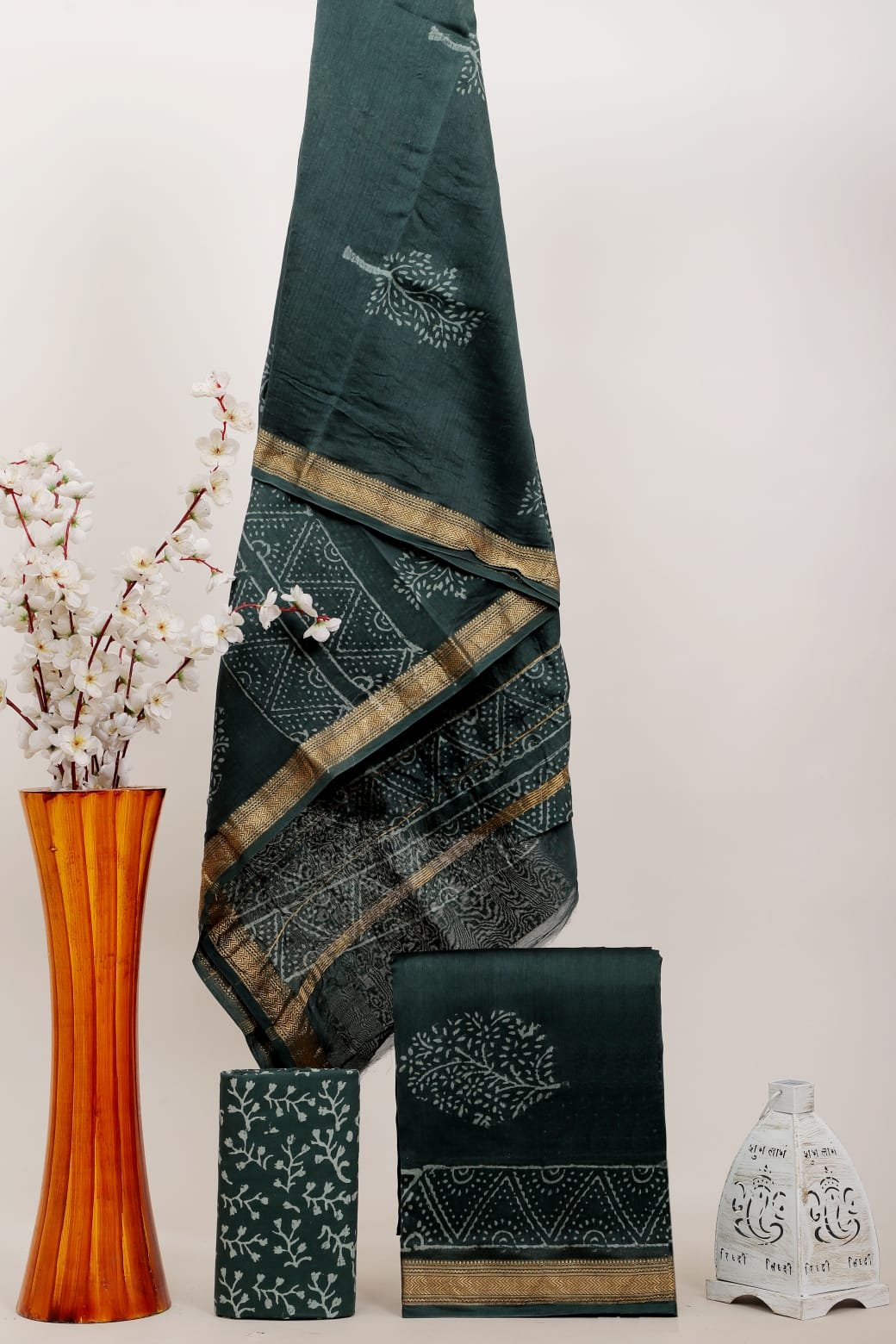 Bottle green hand block printed Maheshwari silk suit dress material with golden zari border