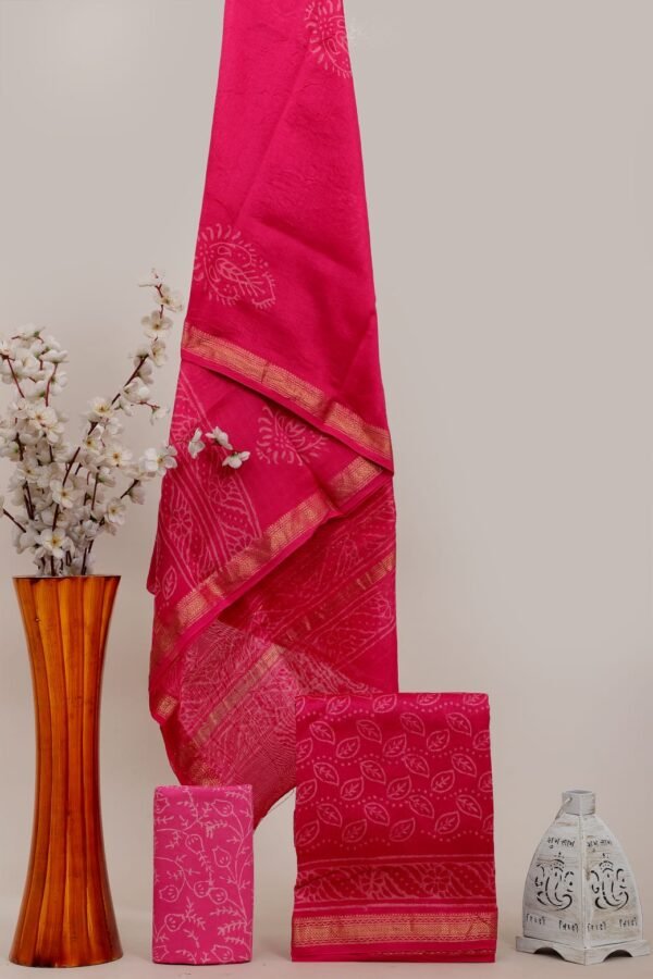 Pink Maheshwari silk suit dress material with paisley print dupatta and golden zari border