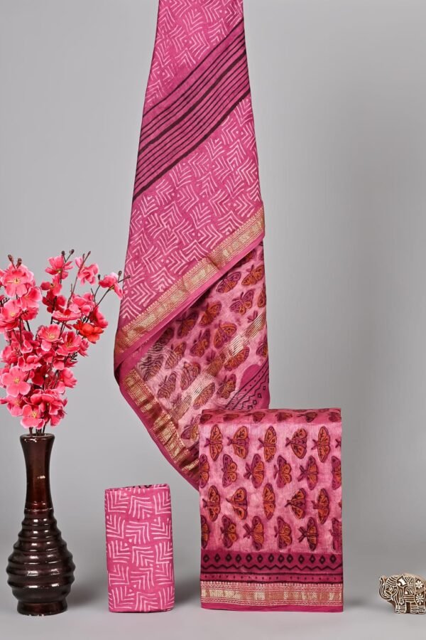 Pink hand block printed Maheshwari silk suit with butterfly motif and golden zari border