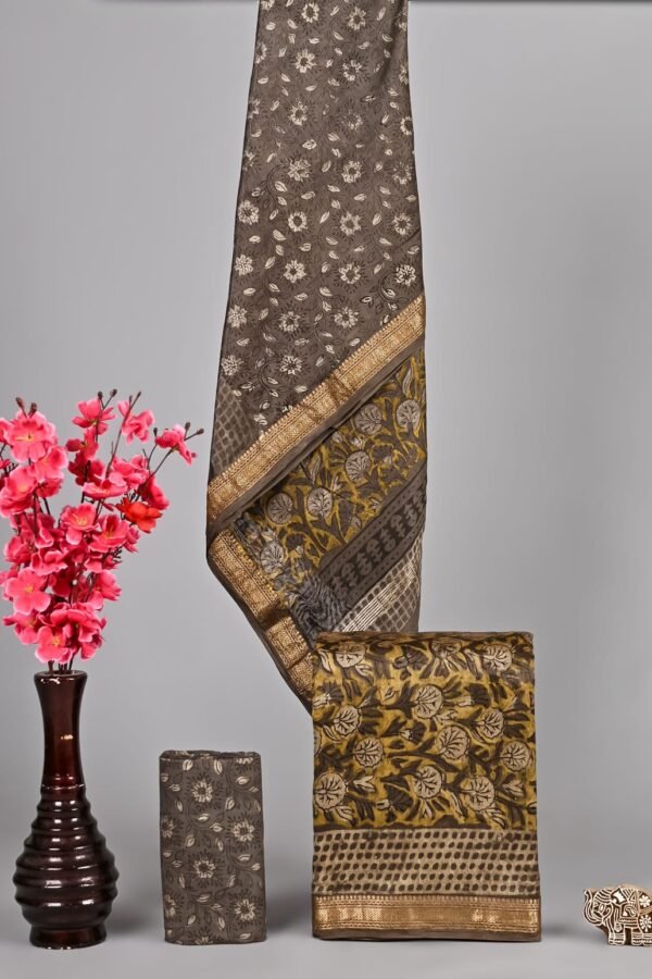 Brown and mustard hand block printed Maheshwari silk suit dress material with golden zari border