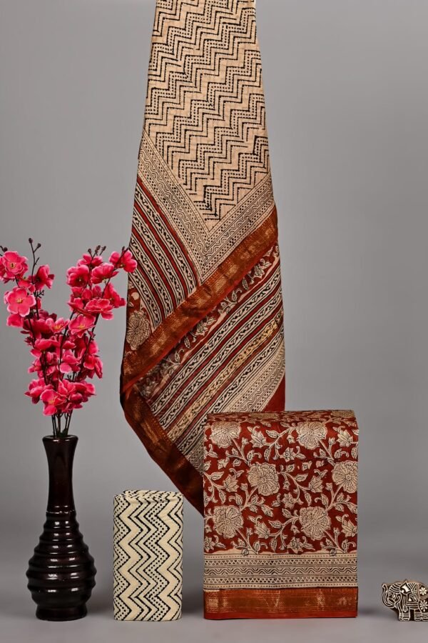 Beige and rust Maheshwari silk dress material with zigzag and floral hand block print design