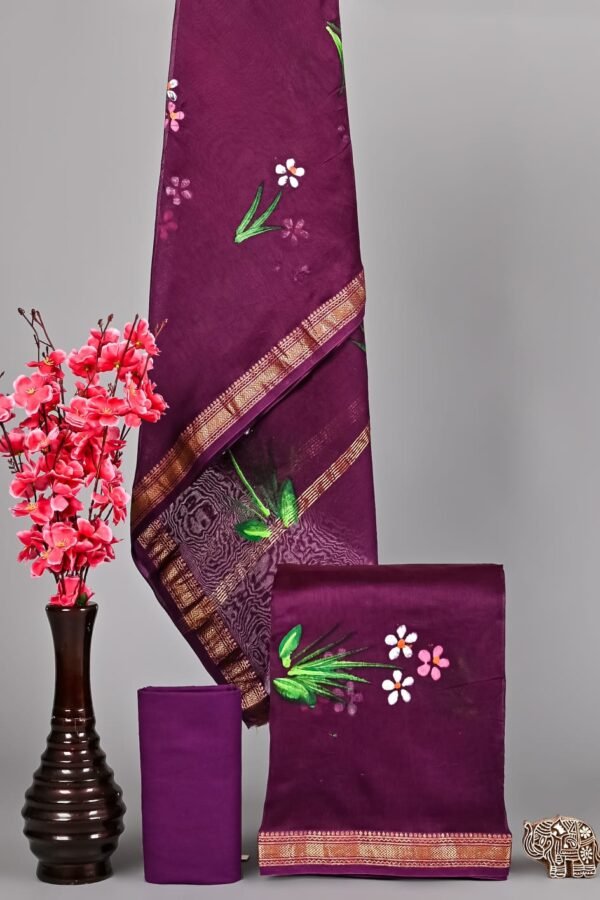 Purple Maheshwari silk suit dress material with floral motifs and golden zari border