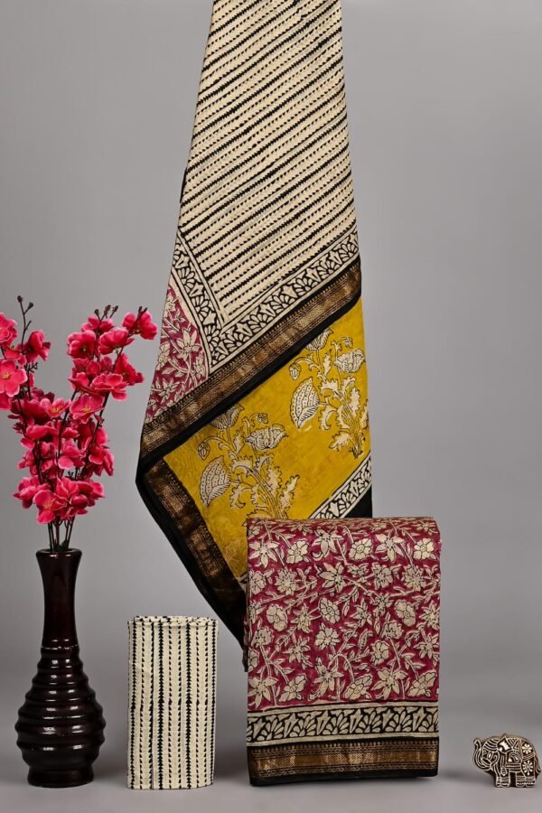 Cream and mustard Maheshwari silk suit with zigzag and floral block print, zari border, and maroon floral dupatta piece