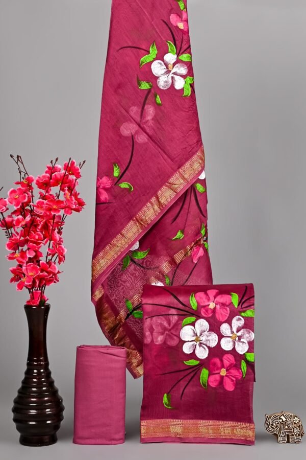 Magenta Maheshwari silk suit with white and pink floral print and golden zari border dress material