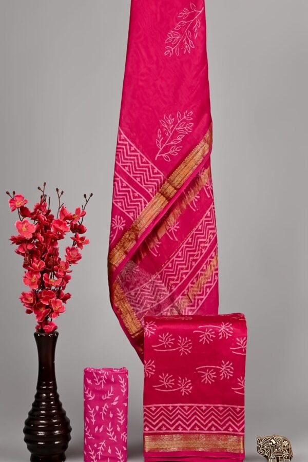 Pink Maheshwari silk suit with fern leaf print, zigzag border and zari edge dress material