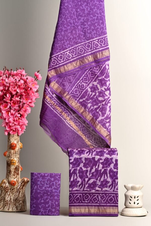 Purple Maheshwari silk suit with tone-on-tone vine print, diamond border and gold zari stripe dress material