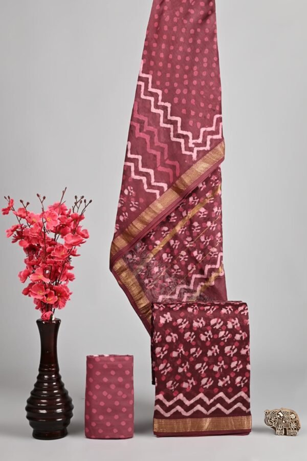 Maroon Maheshwari silk suit with pink polka dot and zigzag block print, golden zari border dress material