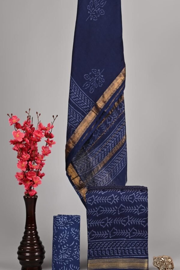 Navy blue Maheshwari silk suit dress material with floral booti block print and gold zari border