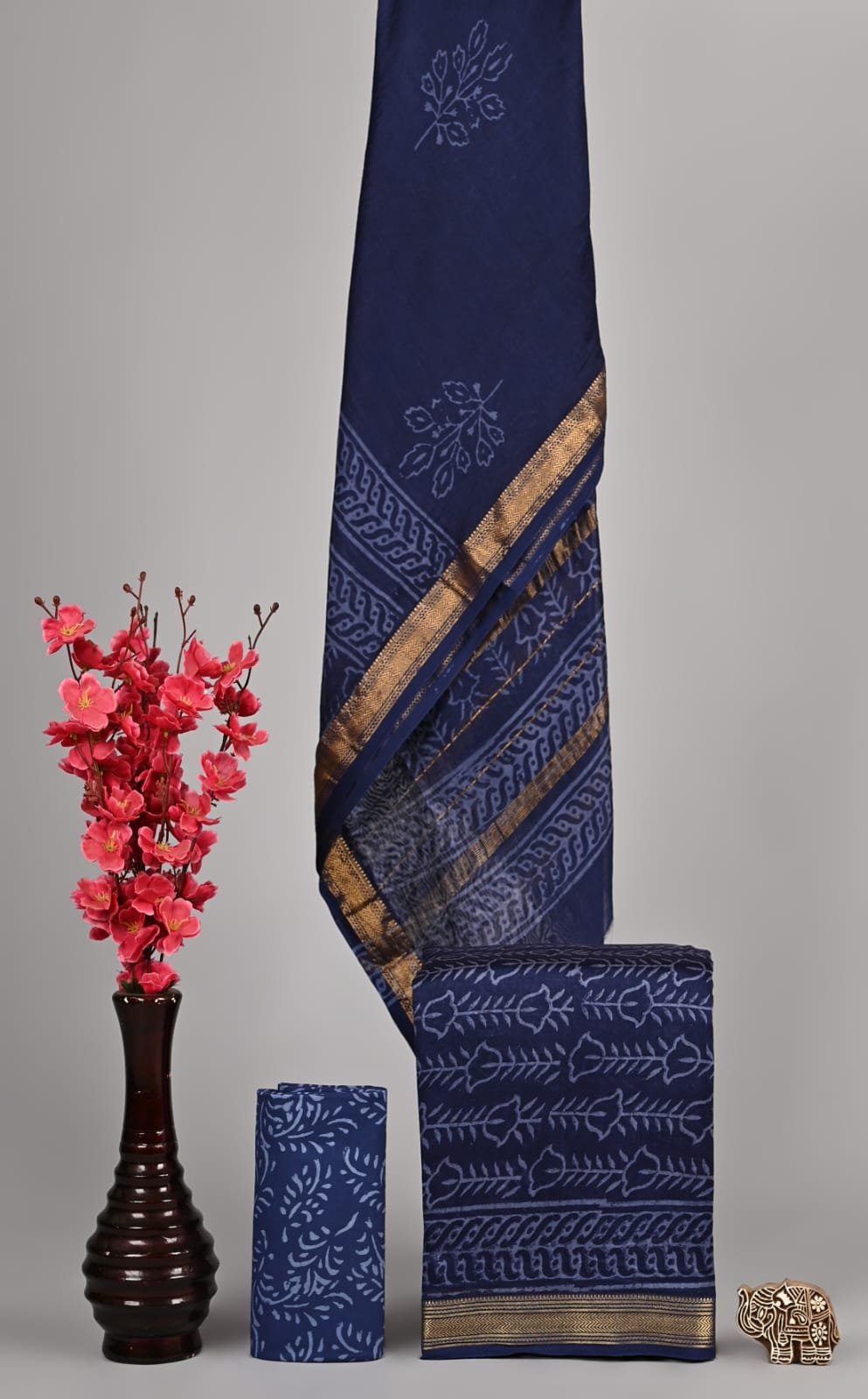 Navy blue Maheshwari silk suit dress material with floral booti block print and gold zari border