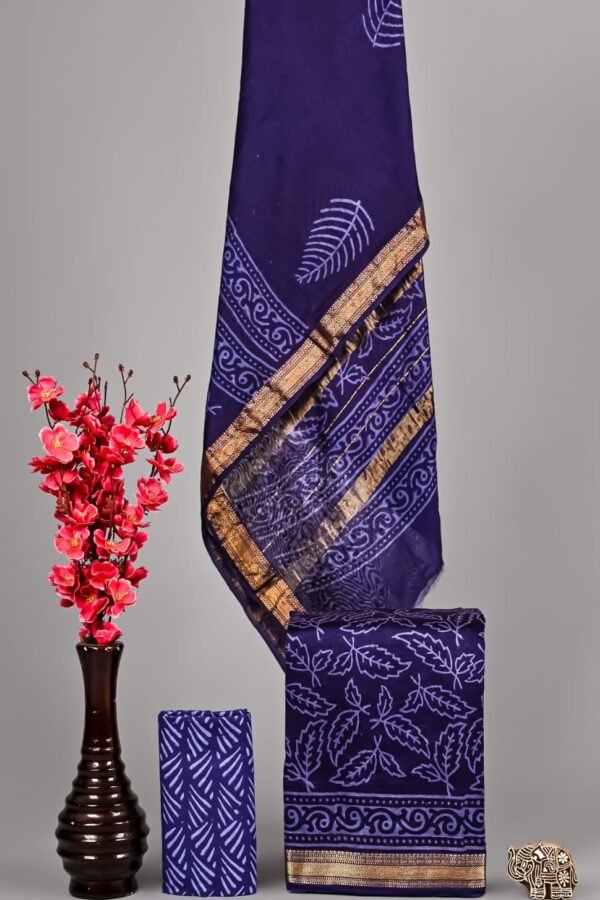 Navy blue Maheshwari silk suit with fern-leaf block print and golden zari border