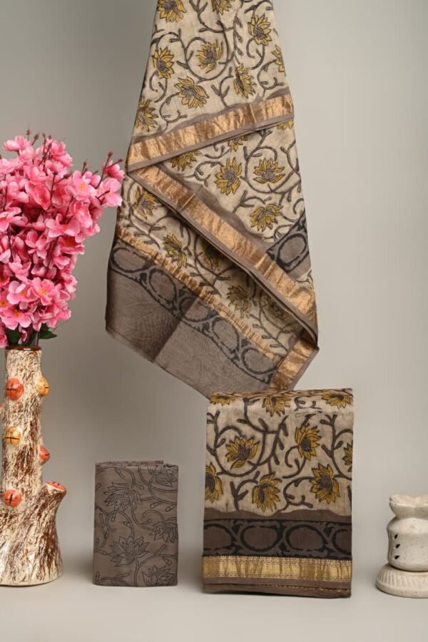 Beige Maheshwari silk suit with mustard lotus vine block print and golden zari border