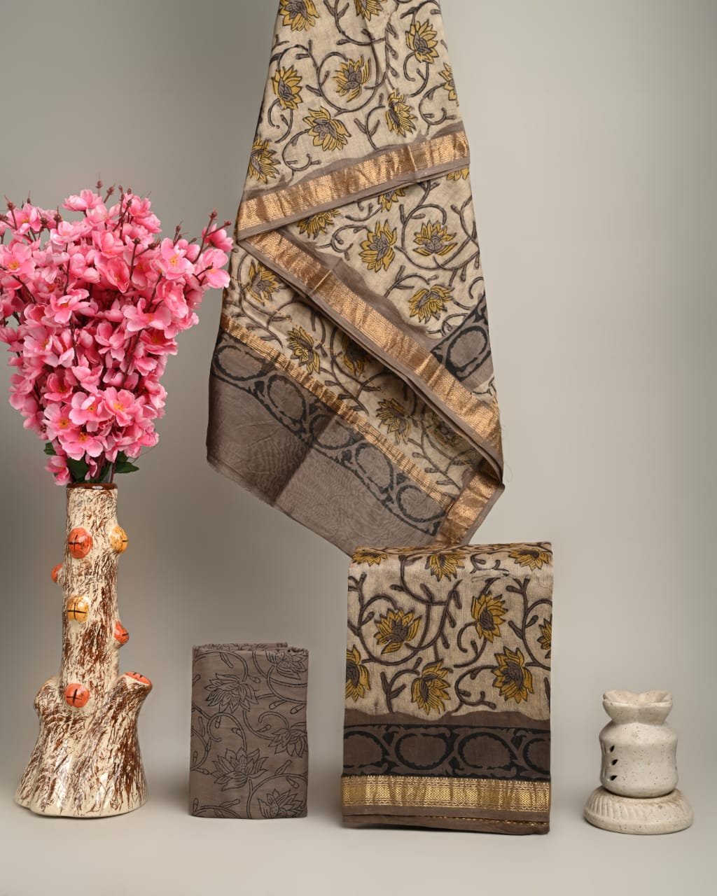 Beige Maheshwari silk suit with mustard lotus vine block print and golden zari border