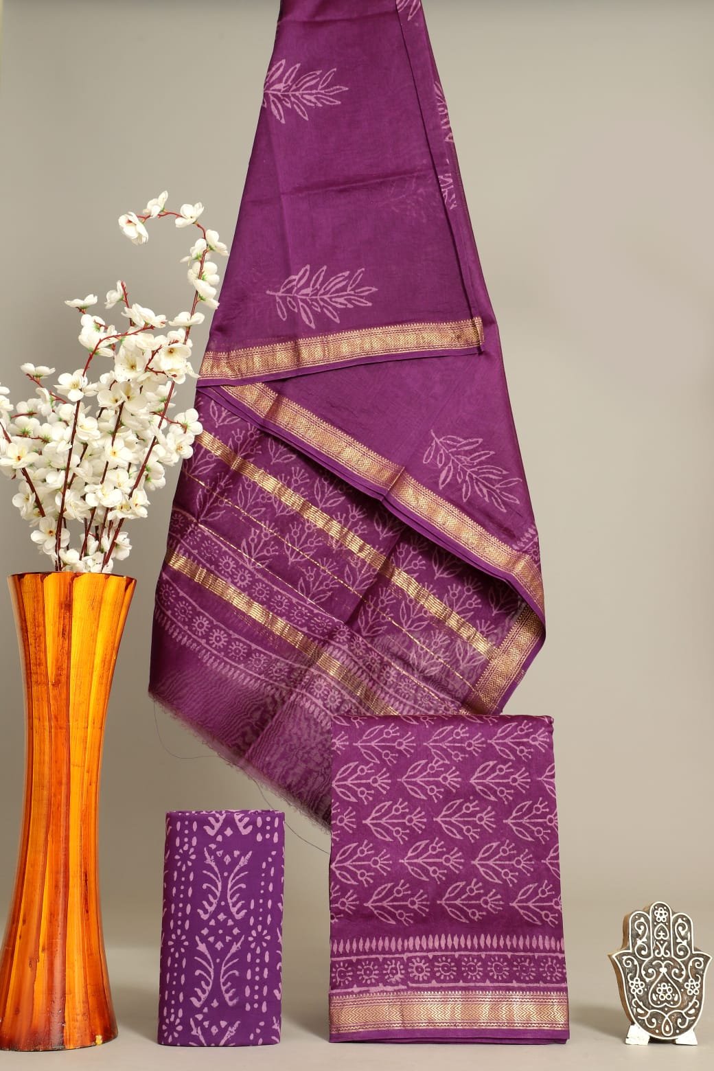 Purple Maheshwari silk suit with fern leaf block print and golden zari border, dress material set